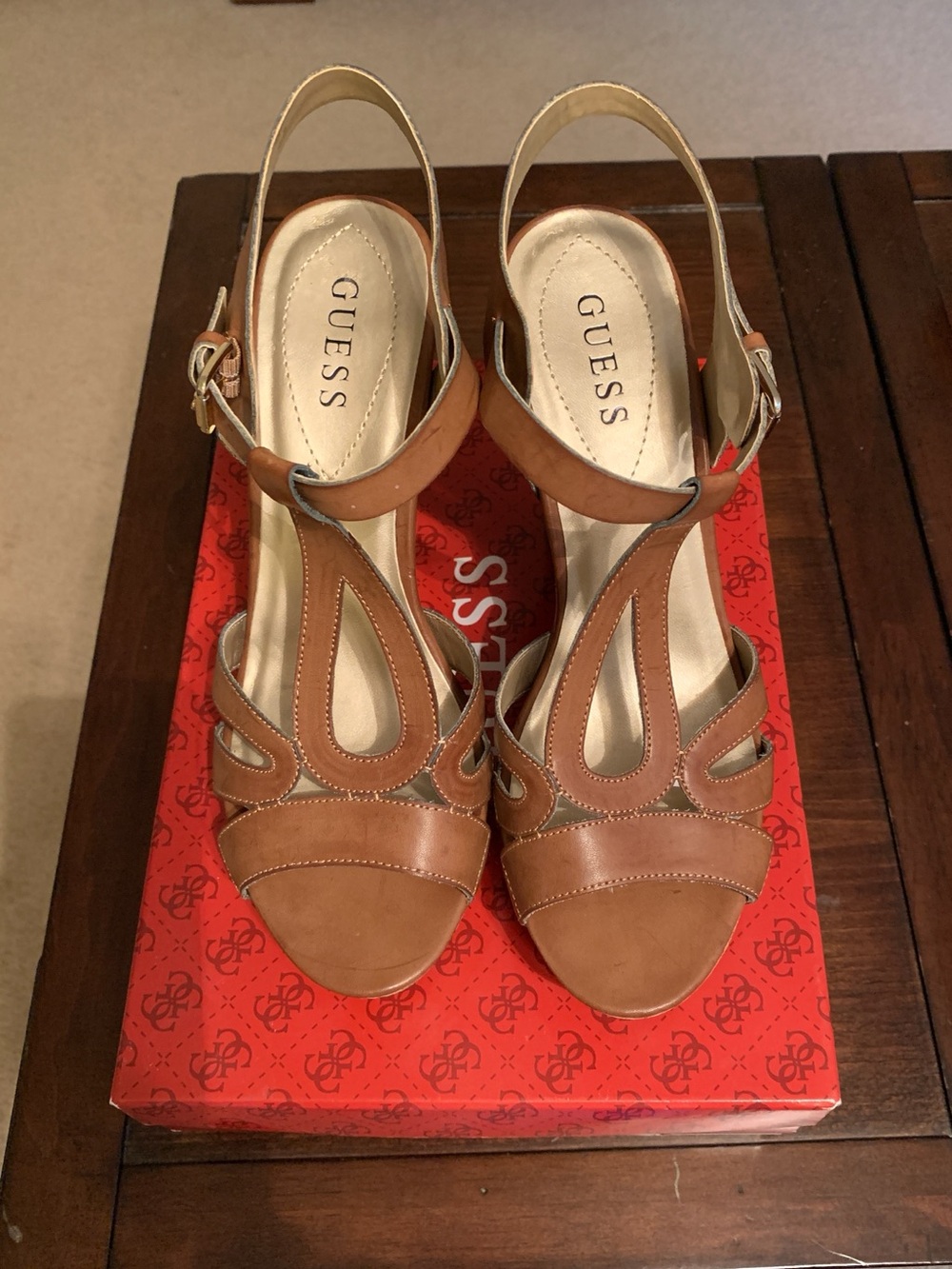 GUESS Brown Leather Cutout Slingback Heels
